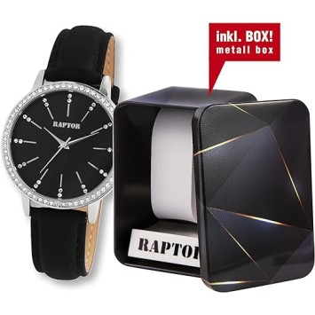 Raptor Damenuhr mit schwarzem Echtlederarmband und funkelnden Strasssteinen RA10176-003 Raptor 39,95 €