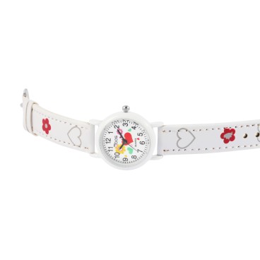 Reloj de niña marca QBOS, pulsera con corazones en símil piel blanca