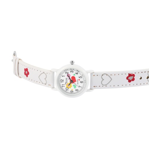 Zegarek dziewczęcy marki QBOS, bransoletka z sercami z białej imitacji skóry