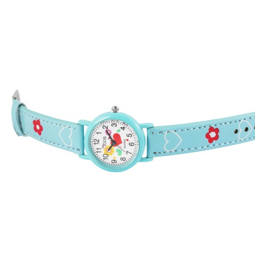 Reloj de pulsera para niña QBOS con corazones en símil piel azul claro