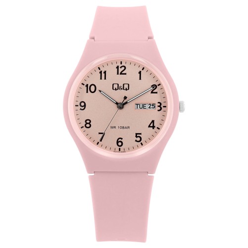 Damski zegarek Q&Q z różowym silikonowym paskiem, wodoodporny do 10 barów
