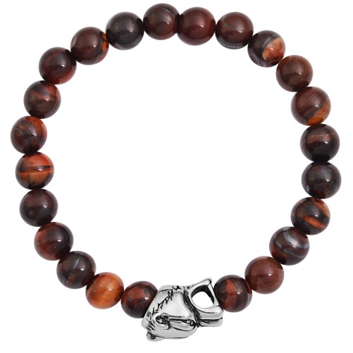 Raptor ball armband met natuursteen, amber en tijgerkop in roestvrij staal