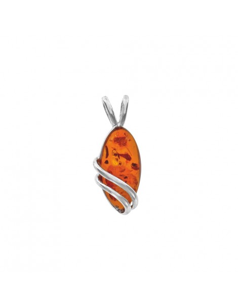 Pendant elongate amber decorated with scrolls silver