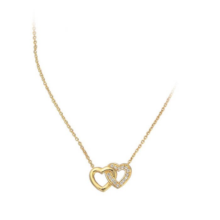 Gold plated necklace double hearts perforated white oxides