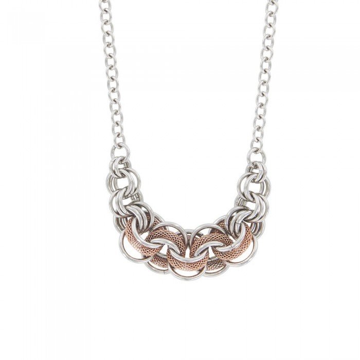 Necklace rings intertwined steel and round in mesh silver / golden pink