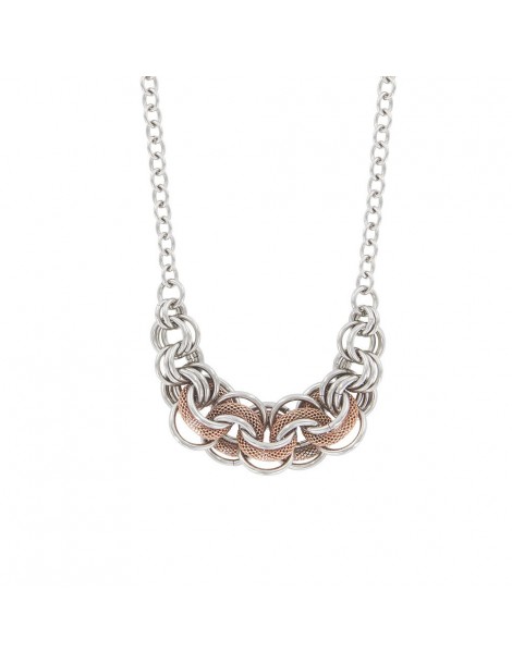 Collana con anelli intrecciati in acciaio e tondi in maglia argento / oro rosa