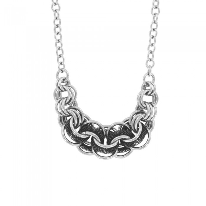 Necklace rings intertwined steel and round in mesh silver and black