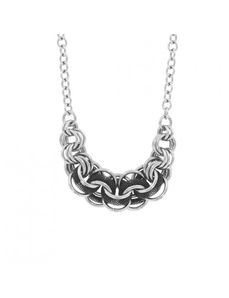 Necklace rings intertwined steel and round in mesh silver and black