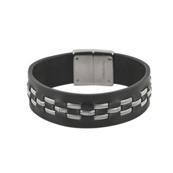 Black ovine leather and steel bracelet 19 x 2.2 cm