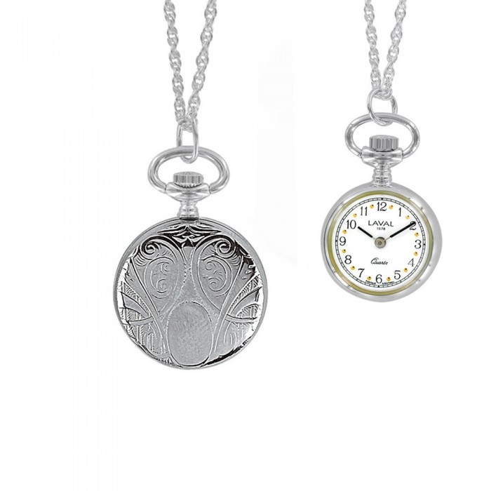 Reloj colgante de plata con 2 manos y patrón medallón.