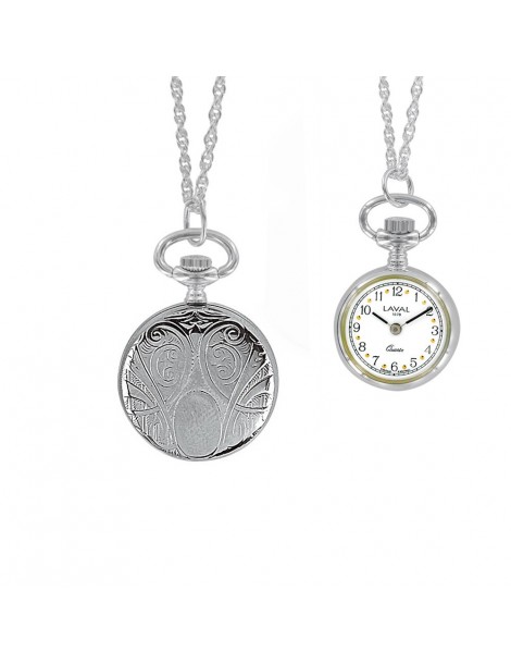 Orologio a pendente in argento con 2 mani e motivo a medaglione