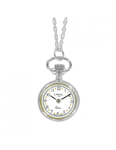 Silver pendant watch with 2 hands and medallion pattern