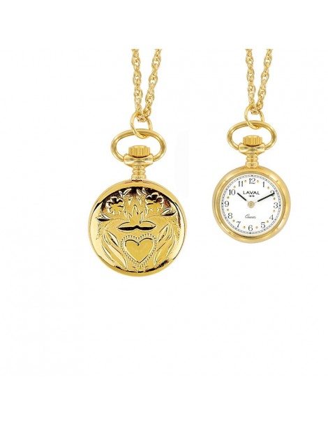 Montre pendentif doré à chiffres arabes 2 aiguilles et motif cœur