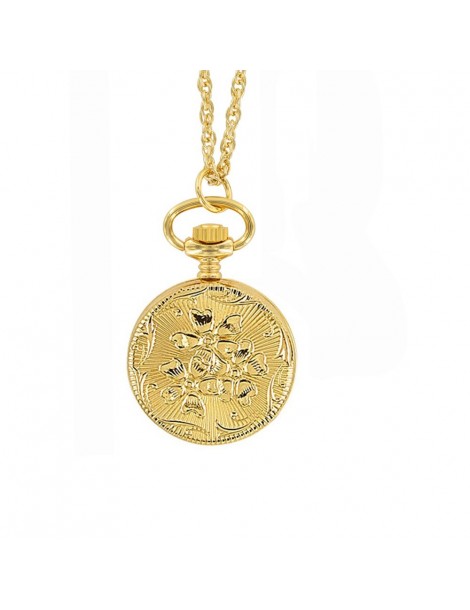 Reloj colgante para mujer con estampado floral dorado.