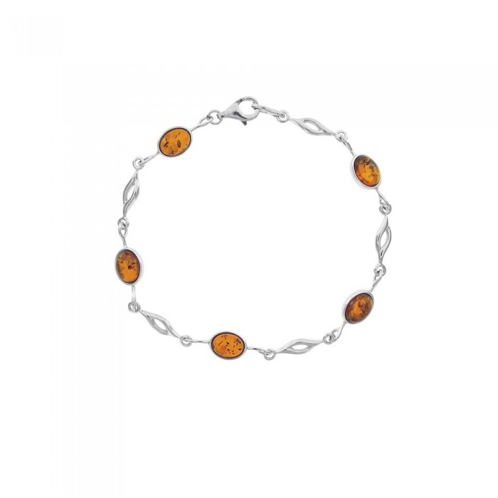 Bracelet pierres ovales en ambre et mailles fantaisies en argent rhodié