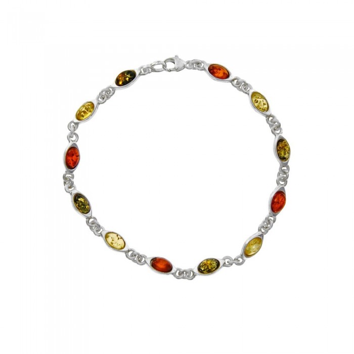 Silver and amber bracelet with small oval stones in green, cognac and citrine color