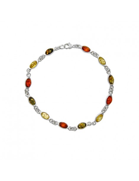Silver and amber bracelet with small oval stones in green, cognac a...
