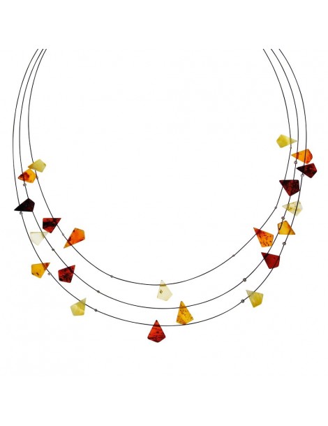 Necklace 3 rows of cables decorated with stones of amber triangle