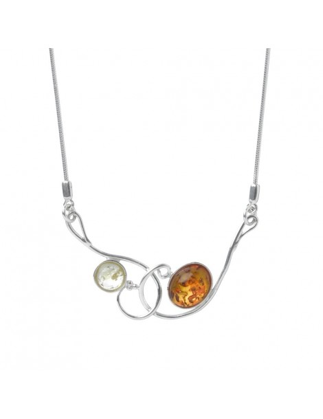 Crossed scrollwork necklace in silver with 2 amber stones