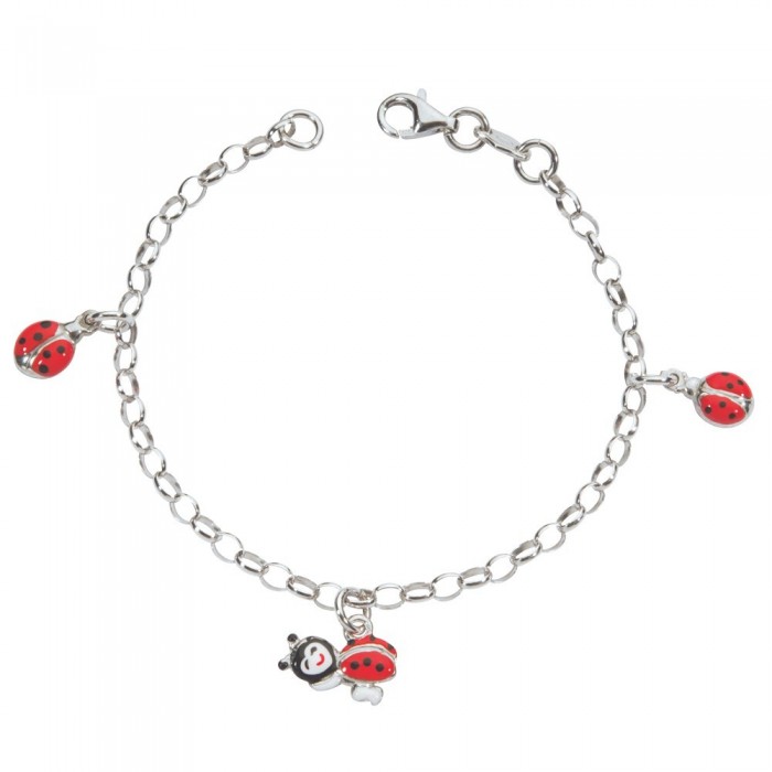 Armband mit 3 roten Marienkäfern in Rhodium Silber