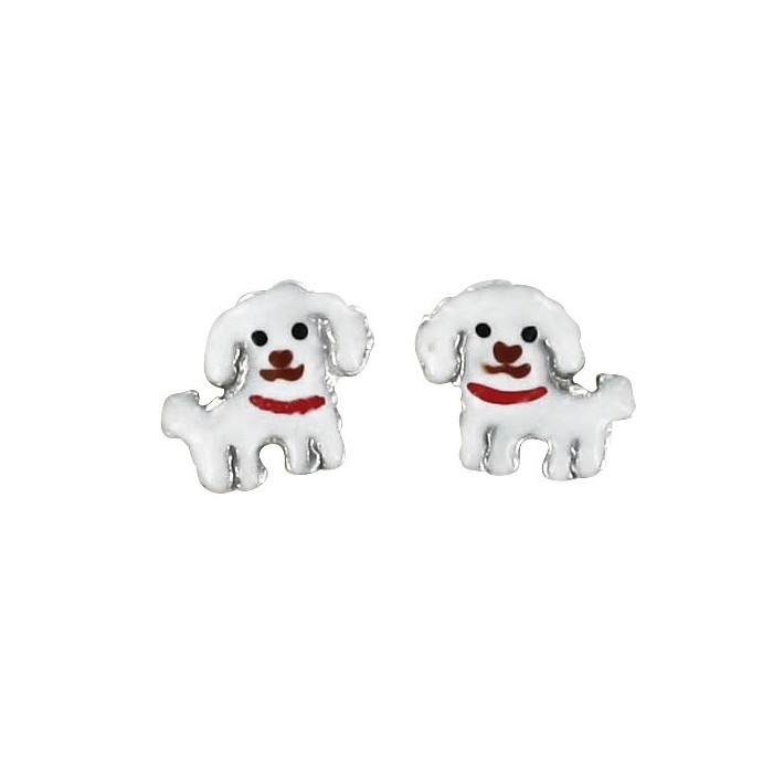 Boucles d'oreilles chien blanc en argent rhodié