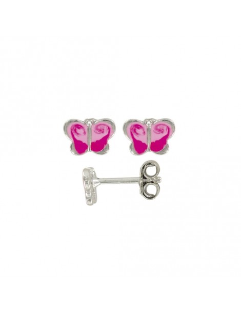 Earrings with pink butterfly in rhodium silver and enamel