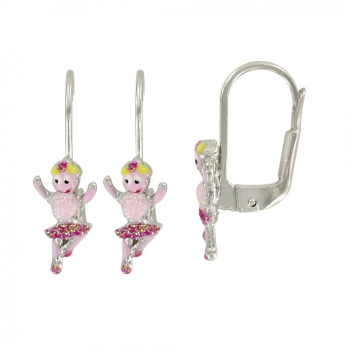 Earrings in rhodium silver with pink glitter dancer