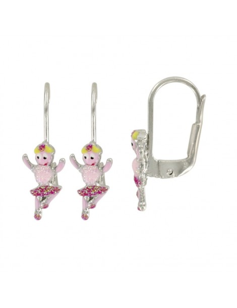 Earrings in rhodium silver with pink glitter dancer