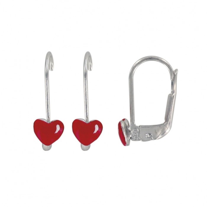 Earrings rhodium silver shaped red heart