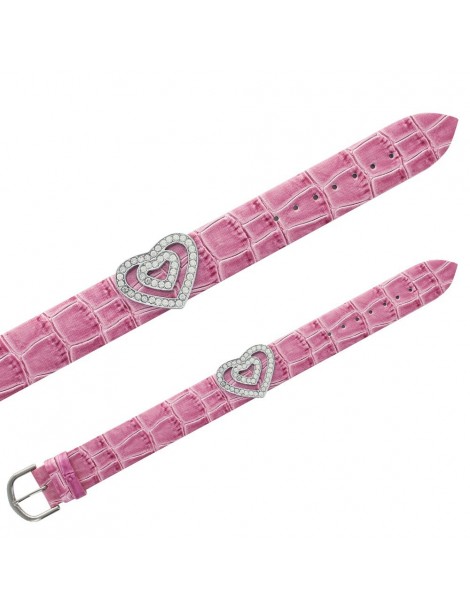 Croco imitation Laval bracelet, 2 hearts in synthetic stones - Pink