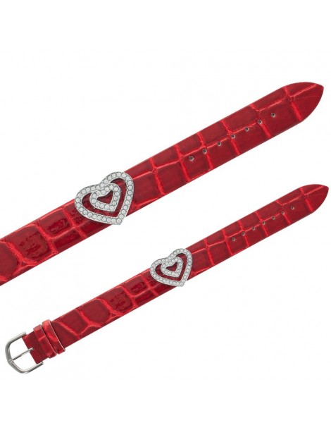 Bracelet Laval imitation croco, 2 cœurs en pierres synthétiques - Rouge