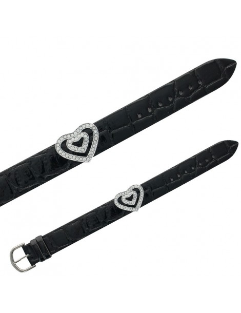 Croco imitation Laval bracelet, 2 hearts in synthetic stones - Black