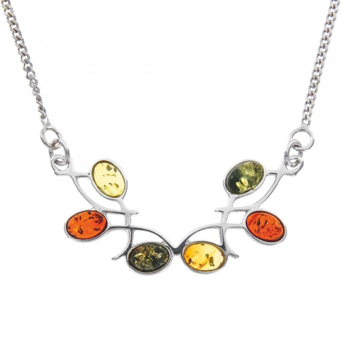 Symmetrical necklace in rhodium silver with amber stones