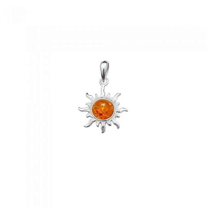 Silver and amber pendant shaped like a sun