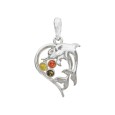 Silver heart pendant decorated with dolphins and amber stones