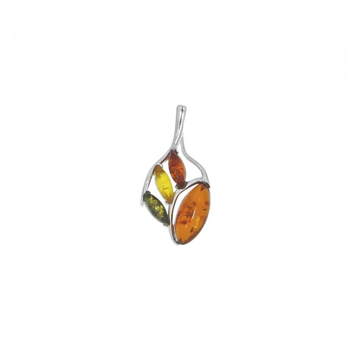 Pendant shaped leaves in silver rhodium and oval amber