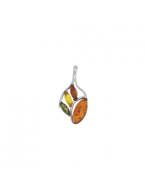 Pendant shaped leaves in silver rhodium and oval amber