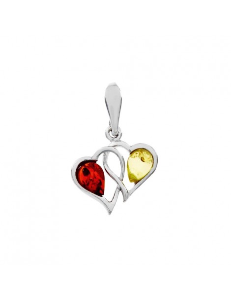 Pendant double heart amber and silver rhodium