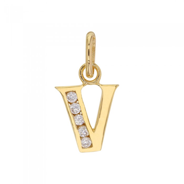 Initial pendant in gold plated and zirconium oxides - Letter V