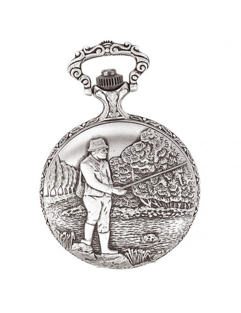 Montre de poche LAVAL en palladium avec couvercle motif pêcheur
