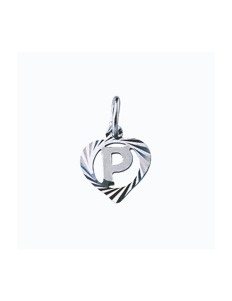 Sterling silver pendant encircled by a chiseled heart - initial P