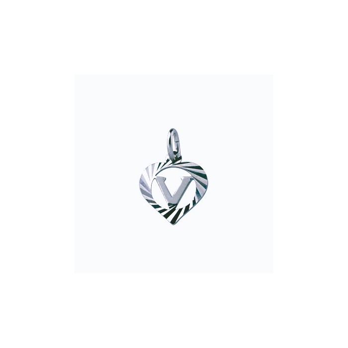 Sterling silver pendant encircled by a chiseled heart - initial V