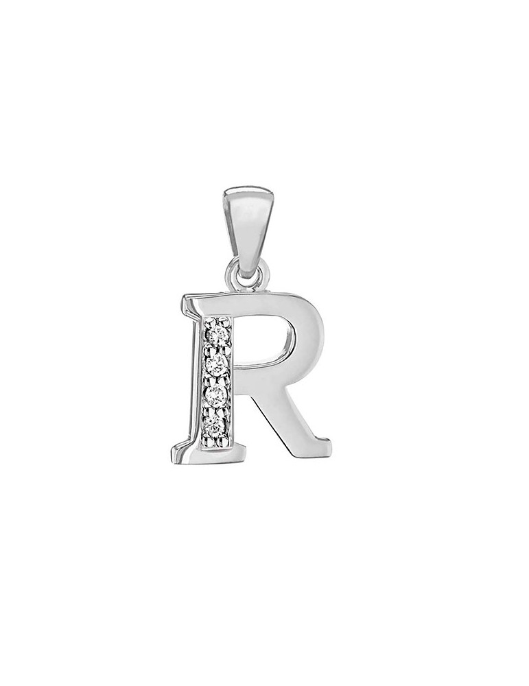 Pendant in rhodium silver and zirconium oxides - Letter R