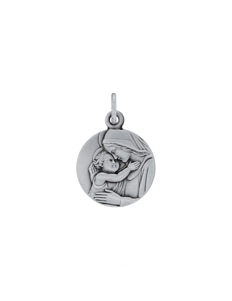 Médaille ronde de la Vierge à l'enfant en argent rhodié