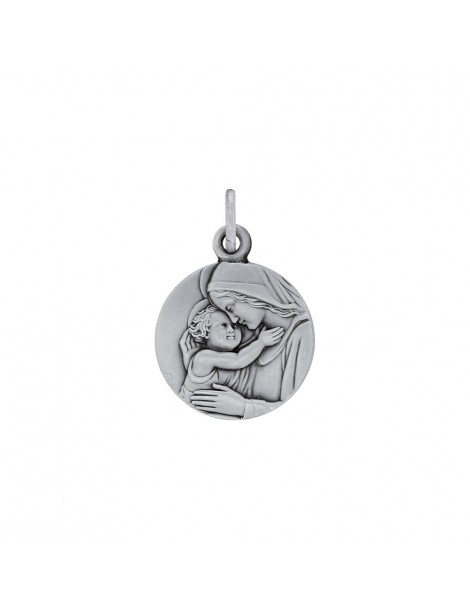Medaglia rotonda "Madonna col Bambino" in argento rodiato