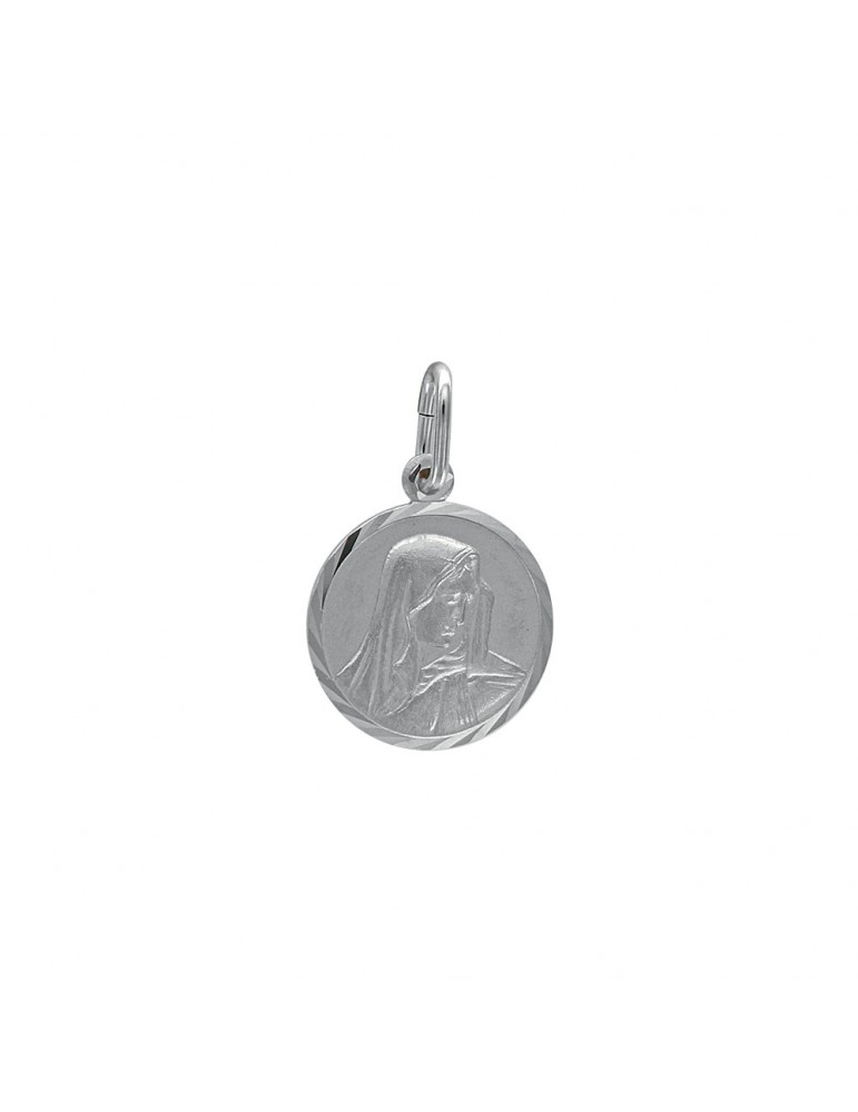 Virgin Mary round silver medal with chiseled outline