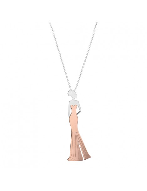 Silver necklace with woman in long gown in rose gold silver