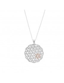 Round pendant necklace with rose silver flower