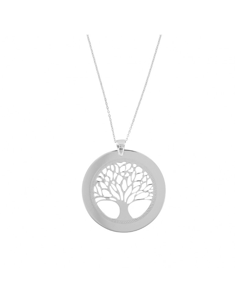 Collier pendentif rond ajouré "arbre de vie" en argent rhodié