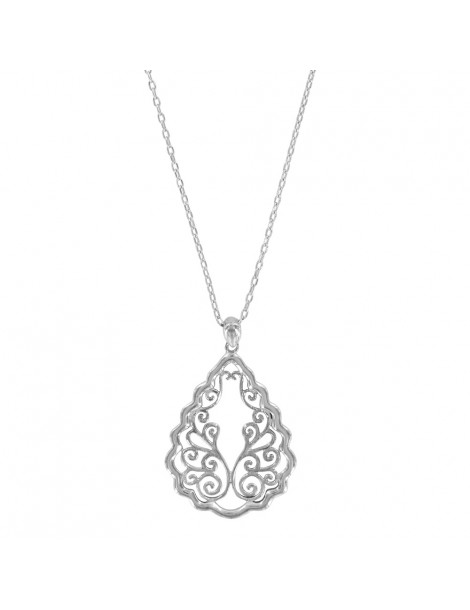 Oval rhodium silver pendant necklace with lace pattern